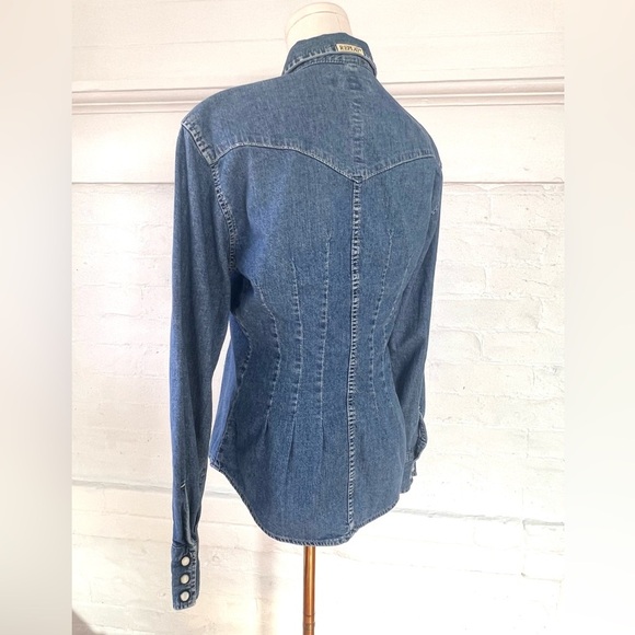 Replay Fitted Denim Pearl Snap Shirt Medium Wash Coastal Cowgirl Western Shacket - Picture 4 of 15